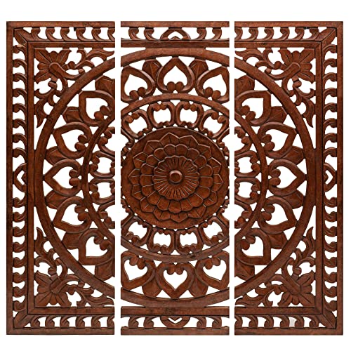 Homebia Designs MDF Wood Hand Carved Decorative Wooden Wall Hanging Panel Set of 3 - Each Panel 36x12 Inch for Farmhouse, Living Room, Bedroom, Home & Office - Burnt Color