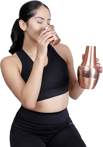 Miniatura 3 de Frasco de agua de cobre puro con vaso, jarras de cobre para beneficios de salud ayurveda  capacidad  1.4 litros (47.3 onzas fluidas de EE.UU.)