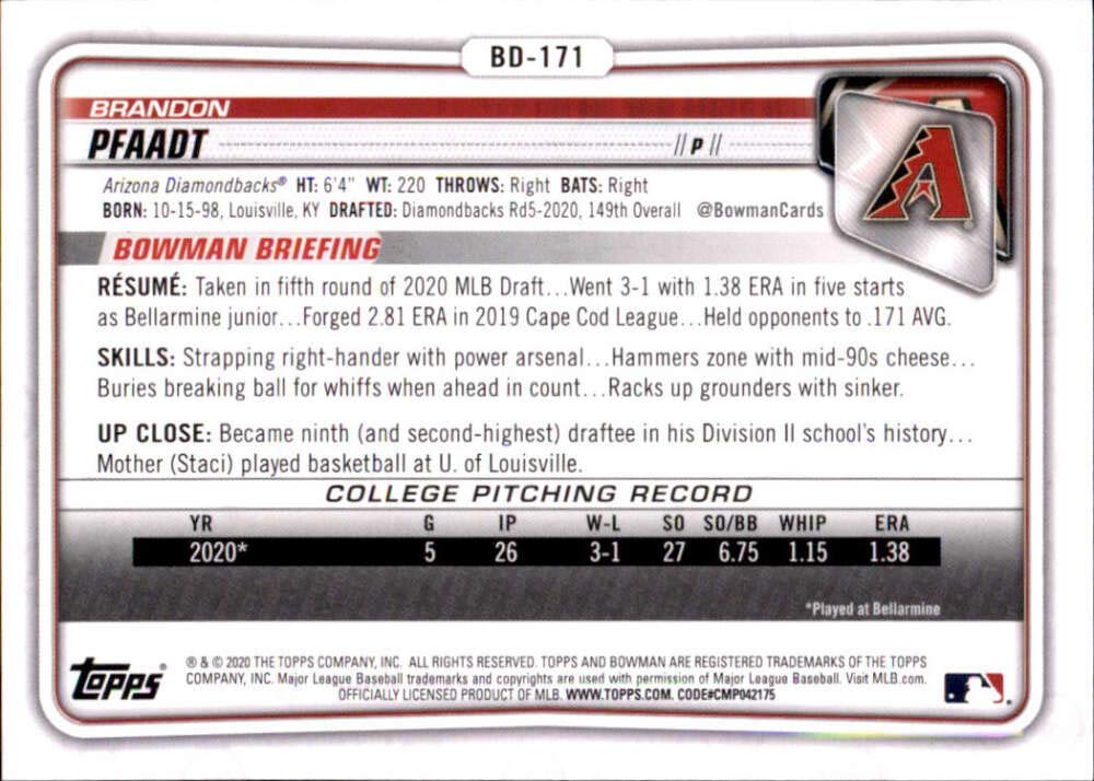 Amazon.com: 2020 Bowman Draft #BD-171 Brandon Pfaadt Arizona 