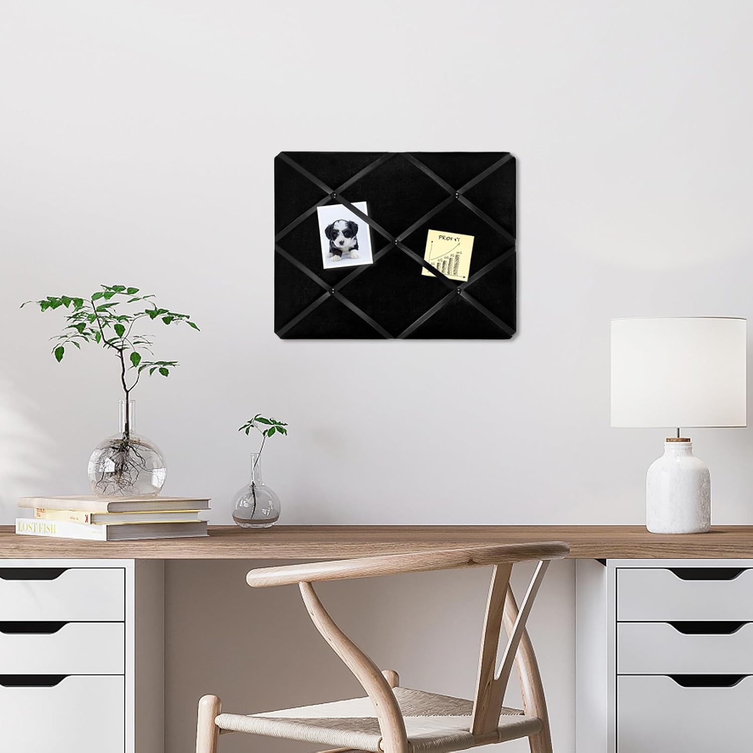 Black Fabric Memo Bulletin Board, 17x13 inches Velvet Pin Board for Wall, Vision Board Message Board Cork Board with Criss-Cross Ribbons for Home Office School Wall Decor(BK Velvet,4333)