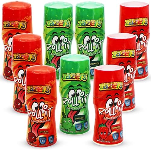Zazers Slime Sour Lickers Rolling Candy - 9 Pack of Roll-It Liquid Bottles 3 Cherry 3 Green Apple and 3 Strawberry, Tik Tok Challenge Tik Tok Candy, Gluten-Free and No Coloring Added (Kosher Net WT. 12.15 OZ. )