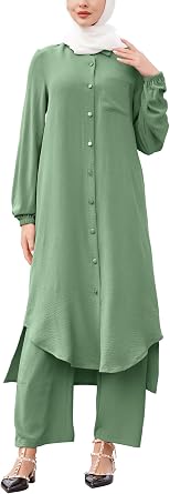 IDOPIP Abaya Dress for Women Muslim Set Long Sleeve Chiffon Islamic Dress Shirt with Pants 2PCS Dubai Prayer Casual Clothes