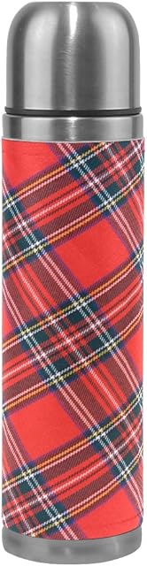coosun Royal Stewart Tartan Stainless Steel Flasks Water Bottle Vacuum Insulated Cup Leak Proof Double Vacuum Bottle, PU Leather Travel Thermal Mug,17 oz