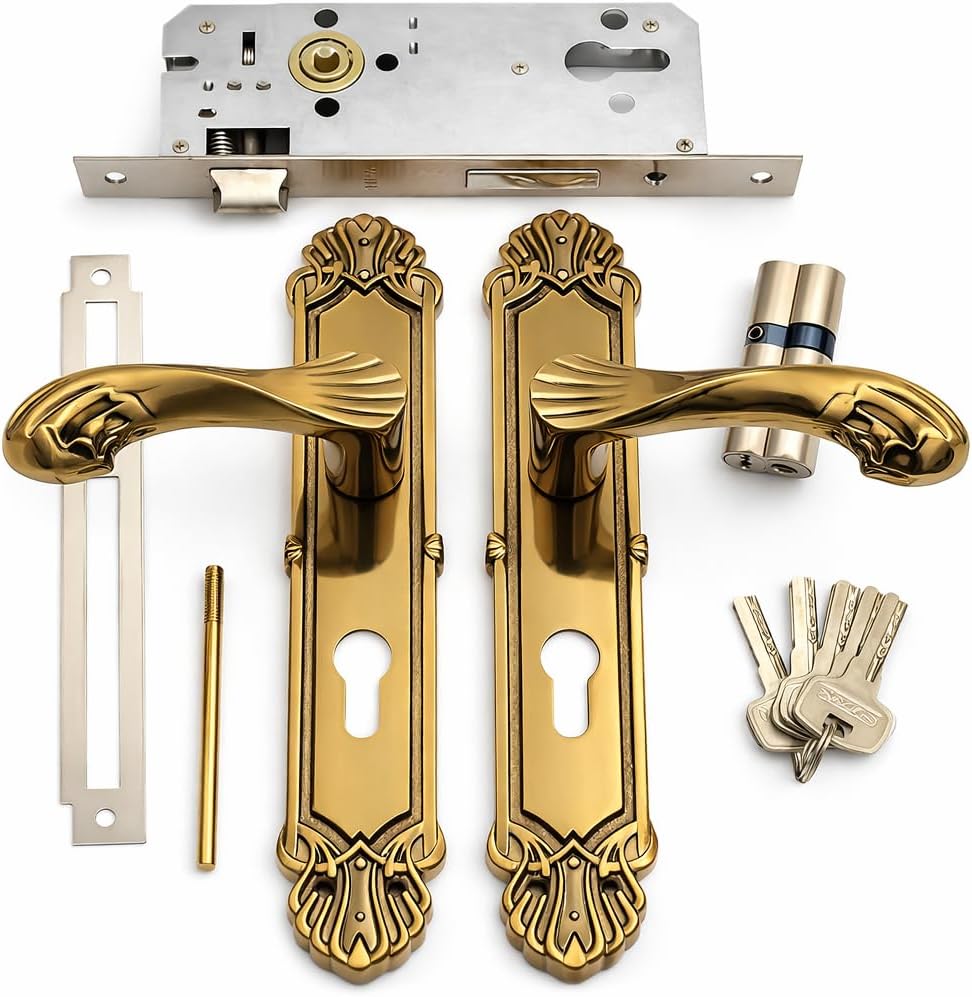 Door Handle Set with Lock, Antique Brass Finish, Decorative Lever Handle, Euro Cylinder Lock, Complete Hardware Kit with Keys