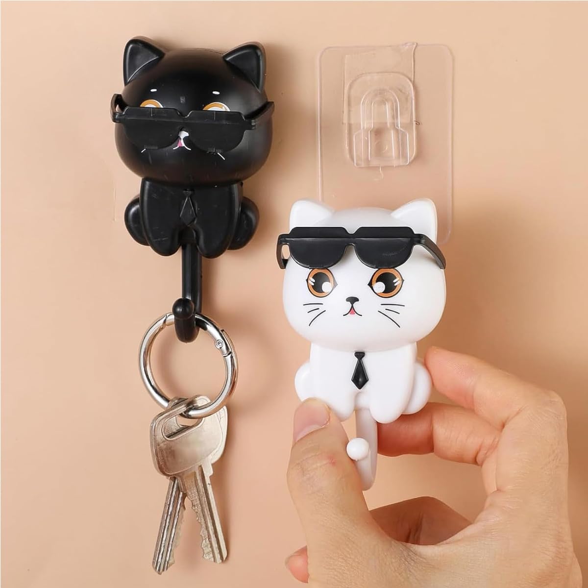 2 Portachiavi A Gatto Con Gancio Adesivo: Gancio Da Parete A Forma Di Gatto Con Occhiali, Reggitempo, Carico Max 10kg, Bianco E Nero