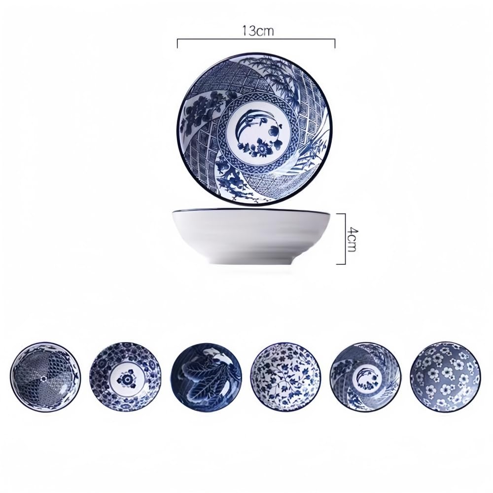 Zestaw misek ceramicznych, 6-częściowy 13 cm, niebiesko-białe miski do ryżu i zupy, zastawa stołowa w stylu azjatyckim