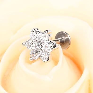 BODYA 1 Pc Rose Or 16 G 7mm Cubique Zircone Fleur Anneaux à Lèvres Labret Nez Goujons Helix Forme Ronde Stud Boucle D'oreille Piercing Bijoux