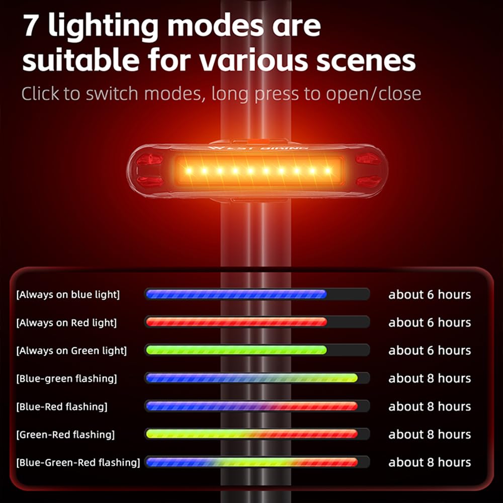 Feu arrière de vélo coloré, Barre Lumineuse LED Rechargeable pour vélo, Haute visibilité, Clignotant USB, Accessoires de vélo, lumière Rouge