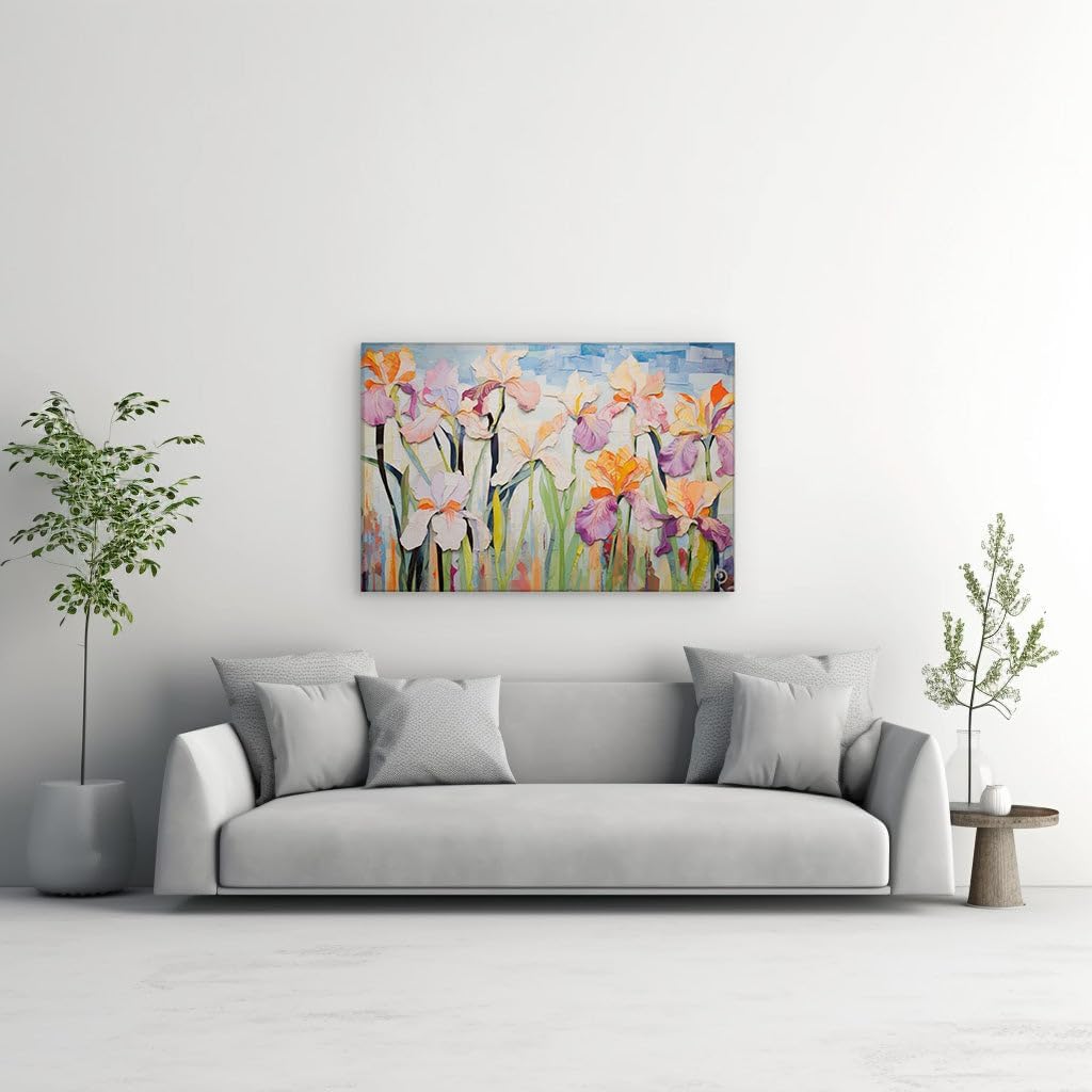 Canvas for Living room. Blooming Irises in Oil A Dance of Color and Texture Against the Sky, 27 x 18 inch Canvas Wall Art - Contemporary Masterpieces - Modern Home Decor - 69x46 cm (27x18 inch)