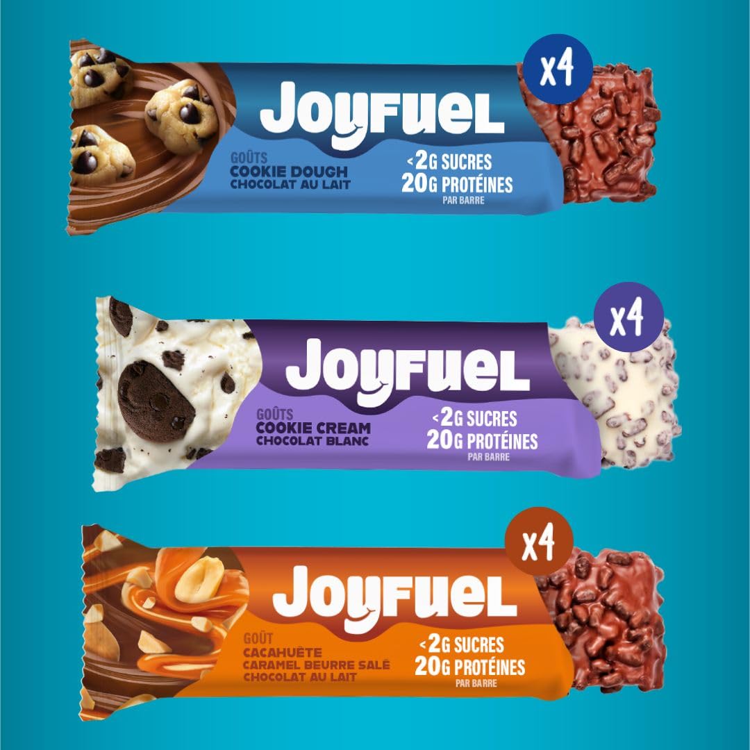 JOYFUEL Coffret panachée de 12 Barres Protéinées de 55gr -Goûts Chocolat au Lait & Cookie Dough- Chocolat Blanc & Cookie & Cream- Chocolat & Cacahuètes & Caramel - <2g de sucre - 20g de protéines -