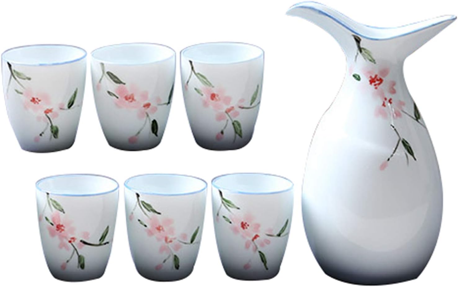 Japanese Sake Cup Set 7 Piece Traditional Ceramic Crafts Cups with 1 Sake Serving Bottle and 6 Sake Cups,D,B,A