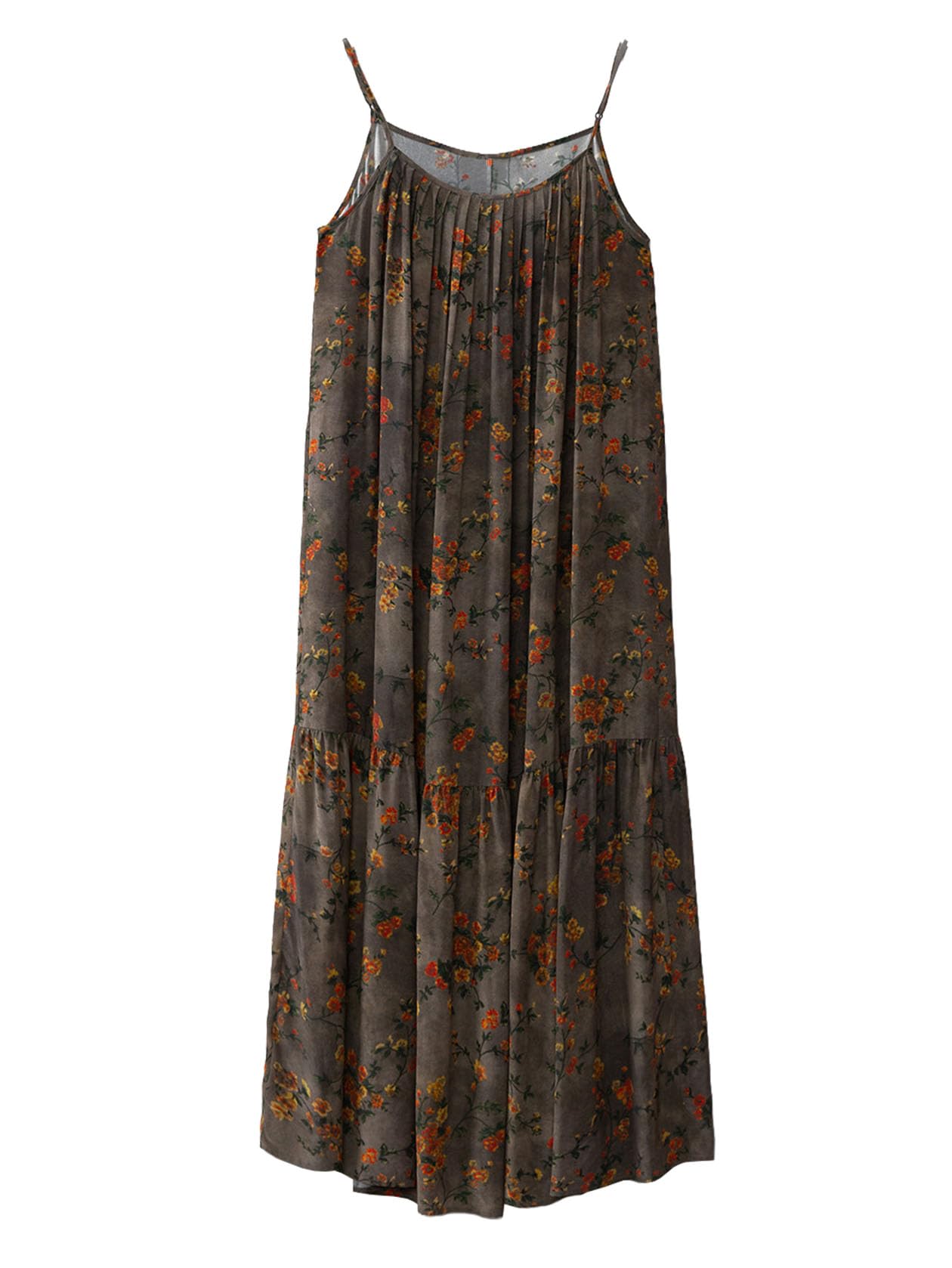 HangErFeng Jedwabny kwiatowy nadruk spaghetti sukienka damska letnia plisowana midi luźny elegancki styl wakacyjny 5088