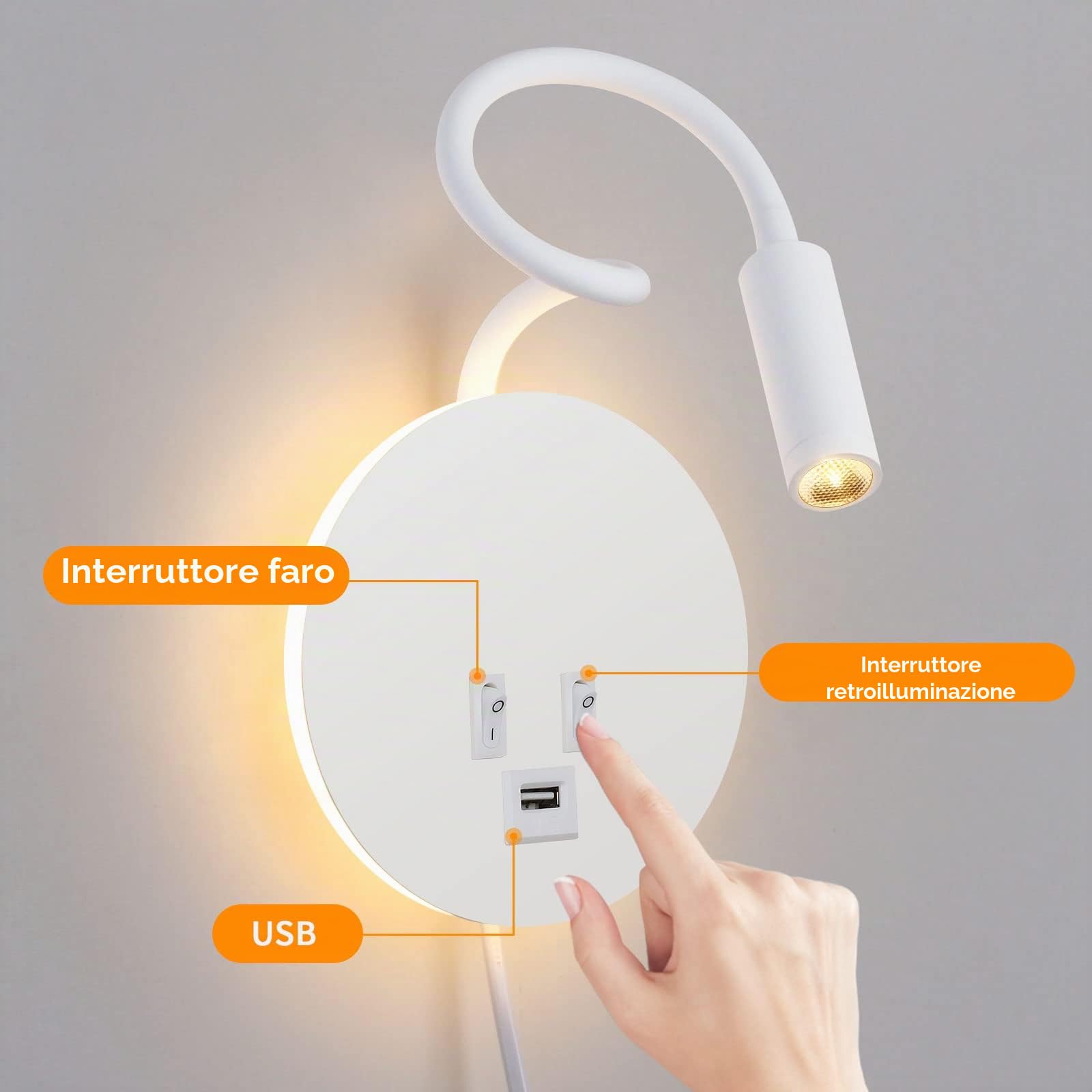 ERWEY Lampada da lettura letto, lampada da lettura a parete 3000K (3W+8W) Lampada da letto con interruttore e ricarica USB, collo d'oca girevole a 360° con spina e cavo per camera da letto, Bianco