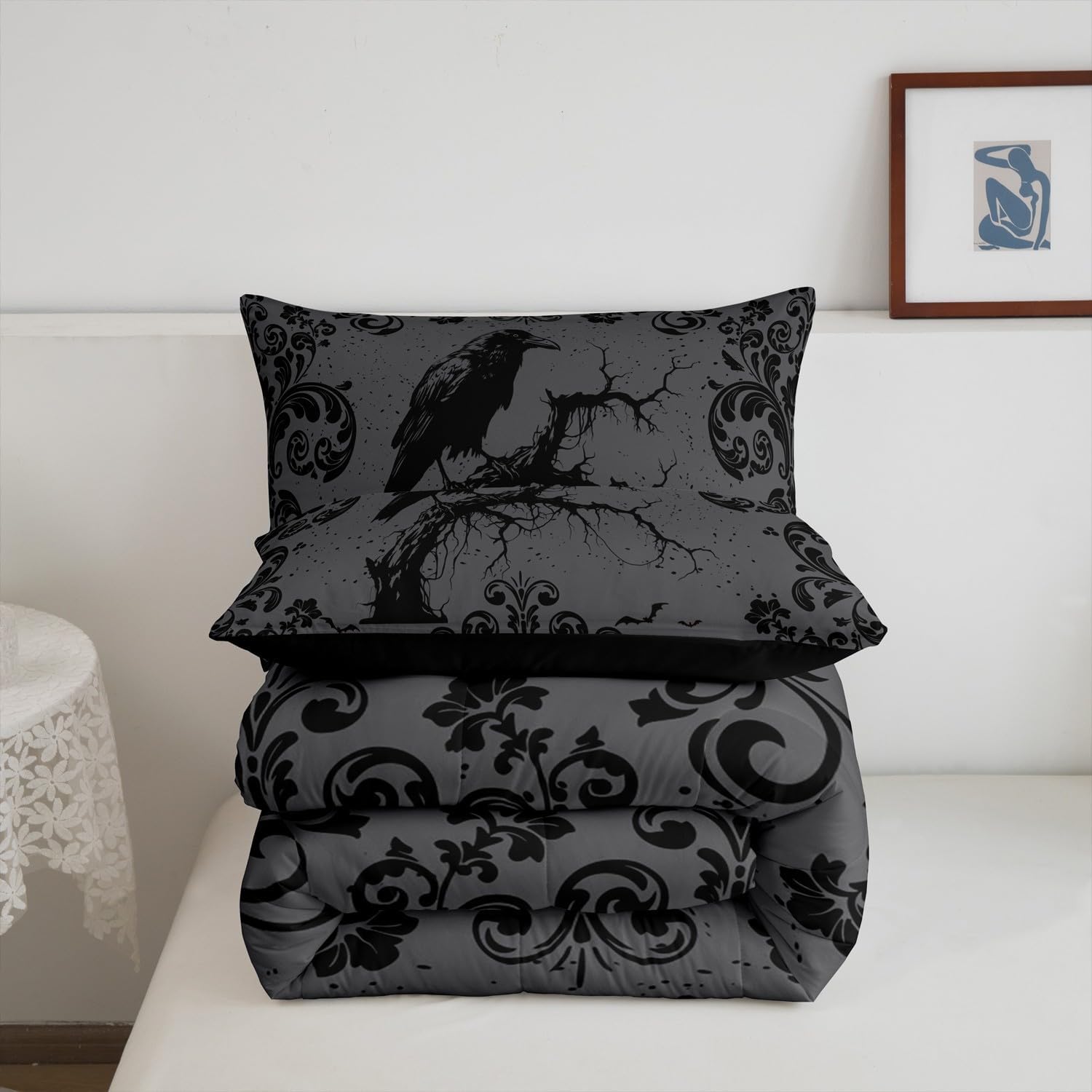 Erosebridal Black Raven Crow Bedding Set Queen Damask Floral Gothic Comforter Set for Adults Men Women Teen Kids,Black Grey Halloween Decor Down Comforter Gothic Tree Branch Bird Quilt Duvet