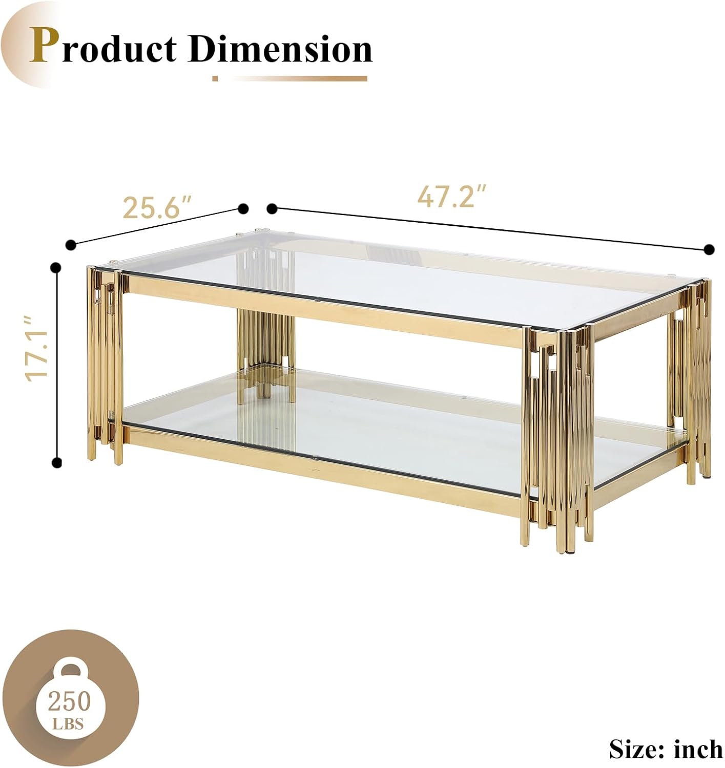 48" Rectangular Glass Coffee Table, Luxury 2-Tier Center Table with Storage & Gold Stainless Steel Frame, Modern Clear Glass Accent Coffee Cocktail Table for Living Room