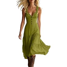Women Casual Loose Sundress Sleeveless Smocked Tank Maxi Dress Henley V Neck Summer Beach Tiered Long Dresses