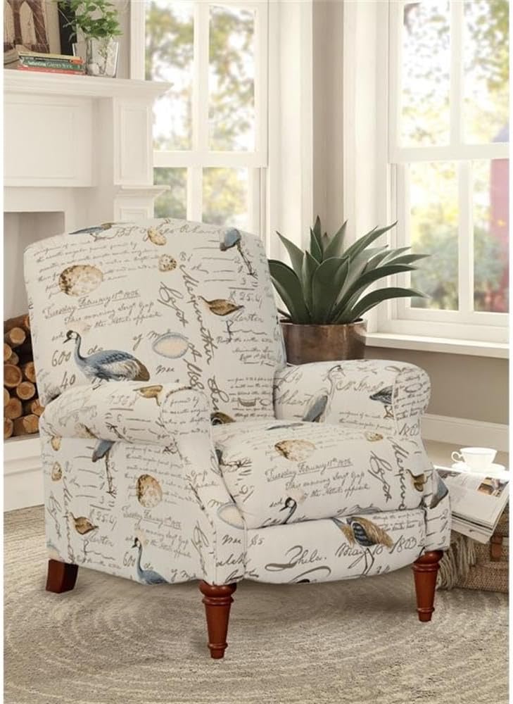 Pemberly Row Bird Script Fabric Manual Reclining Chair, Ivory Finish, Kiln-Dried Hardwood Frame, Rolled Arms, Cherry Wood Legs, Pocketed Coil Seating, Transitional Style for Living Room or Bedroom Use