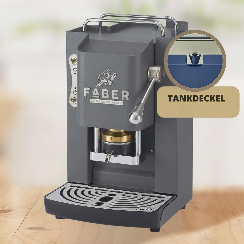 FABER COFFEE MACHINES | Deluxe 3.0 | Kaffeemaschine ESE 44 mm mit Magnetventil, herausnehmbarem Padhalter, Glaskanister 1 l und Padpresse aus Messing verstellbar (Gray Daytona, Chrom)