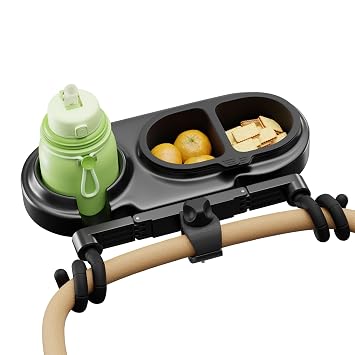 Universal Stroller Snack Tray, Stroller Tray Attachment with Flexible Silicone Arm Gripper & Deep Cup Holder - Non-Slip Snack Tray for Strollers Accessories