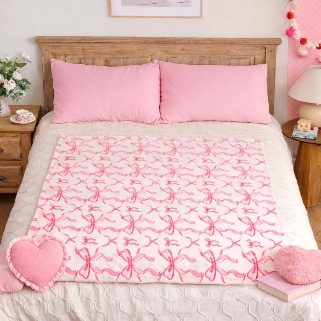 Pink Bow Throw Blanket –Easter Soft Fleece Blanket for Girls and Women, Coquette Aesthetic Room Decor for Bed, Couch, Chair, Preppy Bedroom or Gift, Cute Pink Bow Decor Blanket - Image 5