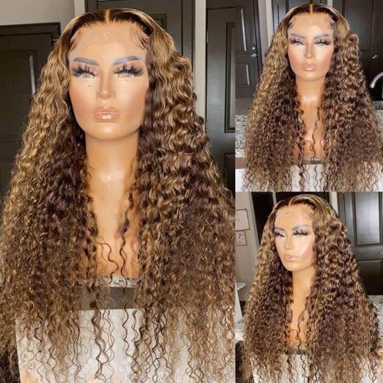 Image of Pizazz 13x4 Ombre Highlight Lace Front Wigs Human Hair Pre plucked 180 Density 4 /27 Honey Blonde Deep Wave Human Hair Wigs for Women 30 Inch