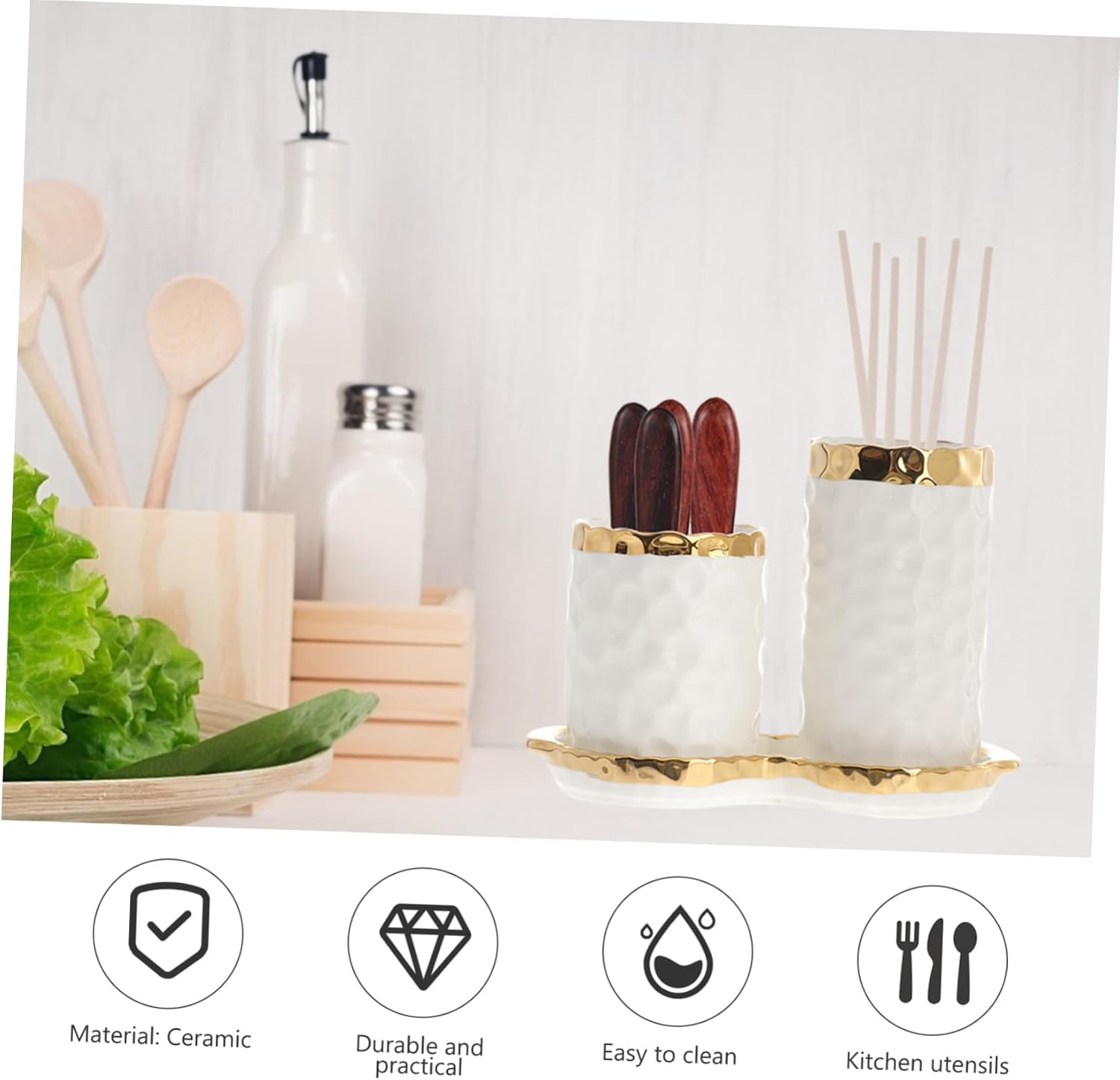 1 Set Creative Ceramic Utensil Holders Multipurpose Kitchen Organizer for Chopsticks Cutlery Storage Draining Design Attractive Double Holder for Clean Ordered Kitchen