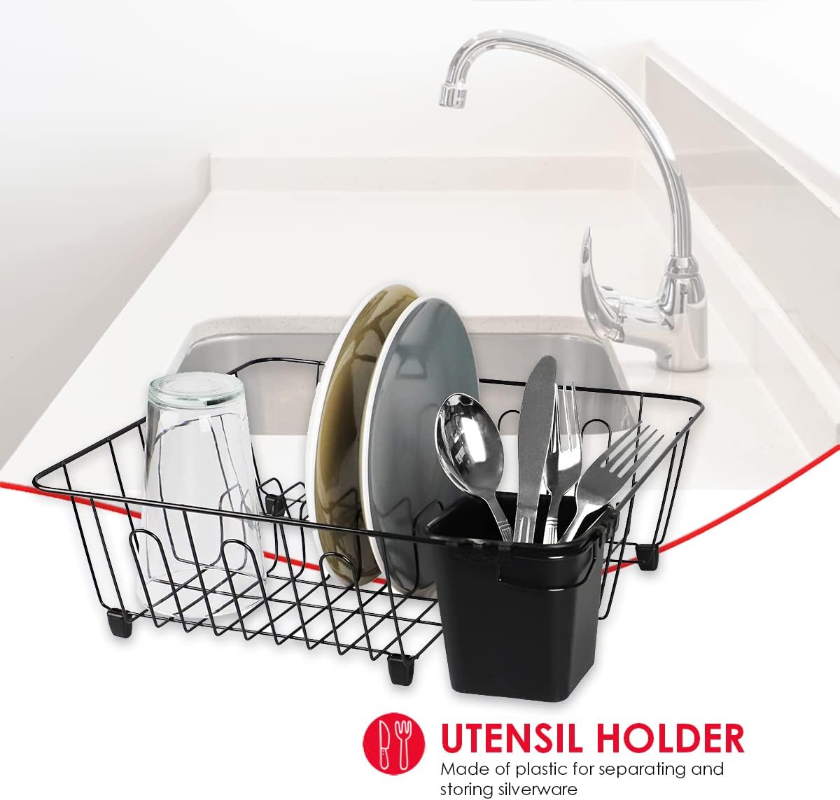 Home Basics Vinyl Coated Wire Dish Rack with Utensil Holder | Neutral Colors | Match Any Kitchen Decor | Slots for Plates | Loops for Mugs & Glass (Small Black)