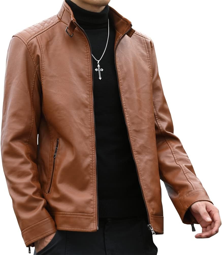 Mens Casual Stand Collar Faux Leather Jacket Biker Motorcycle Jackets - Image 2