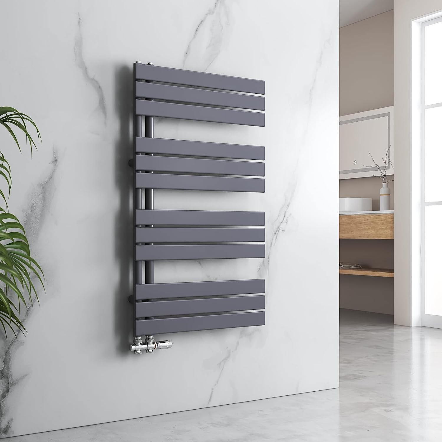 EMKE Grzejnik łazienkowy, płaski, 1320 x 600 mm, grzejnik do łazienki, 798 W, podgrzewacz na ręczniki, suszarka na ręczniki, przyłącze środkowe, panel na ręczniki, przyłącze boczne, do wody, antracyt