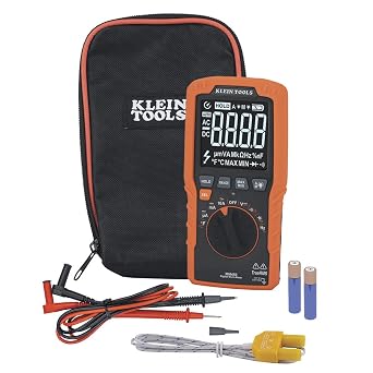 Klein Tools MM450 Multimeter, Slim Digital Meter, Auto-Ranging TRMS, 600V AC/DC Voltage, Current, Resistance, Temp, Frequency, Continuity, Orange & 69381 Alligator Clip Test Leads