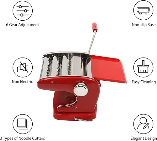 Miniatura 2 de Máquina para hacer pasta, hecho en casa de acero inoxidable manual con 6 ajustes de grosor ajustables, cortador de fideos resistente para