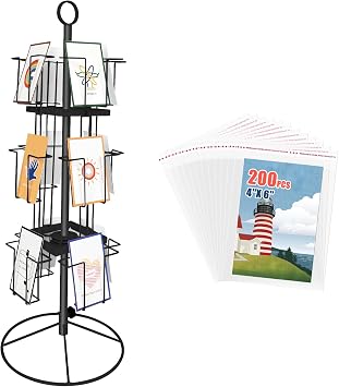 TONGMO Rotating Greeting Card Stand - Enhance Your Display with a 12-Pocket Rotating Countertop Solution for Postcards, Brochures, and Greeting Cards 7H - 12 Pockets Black