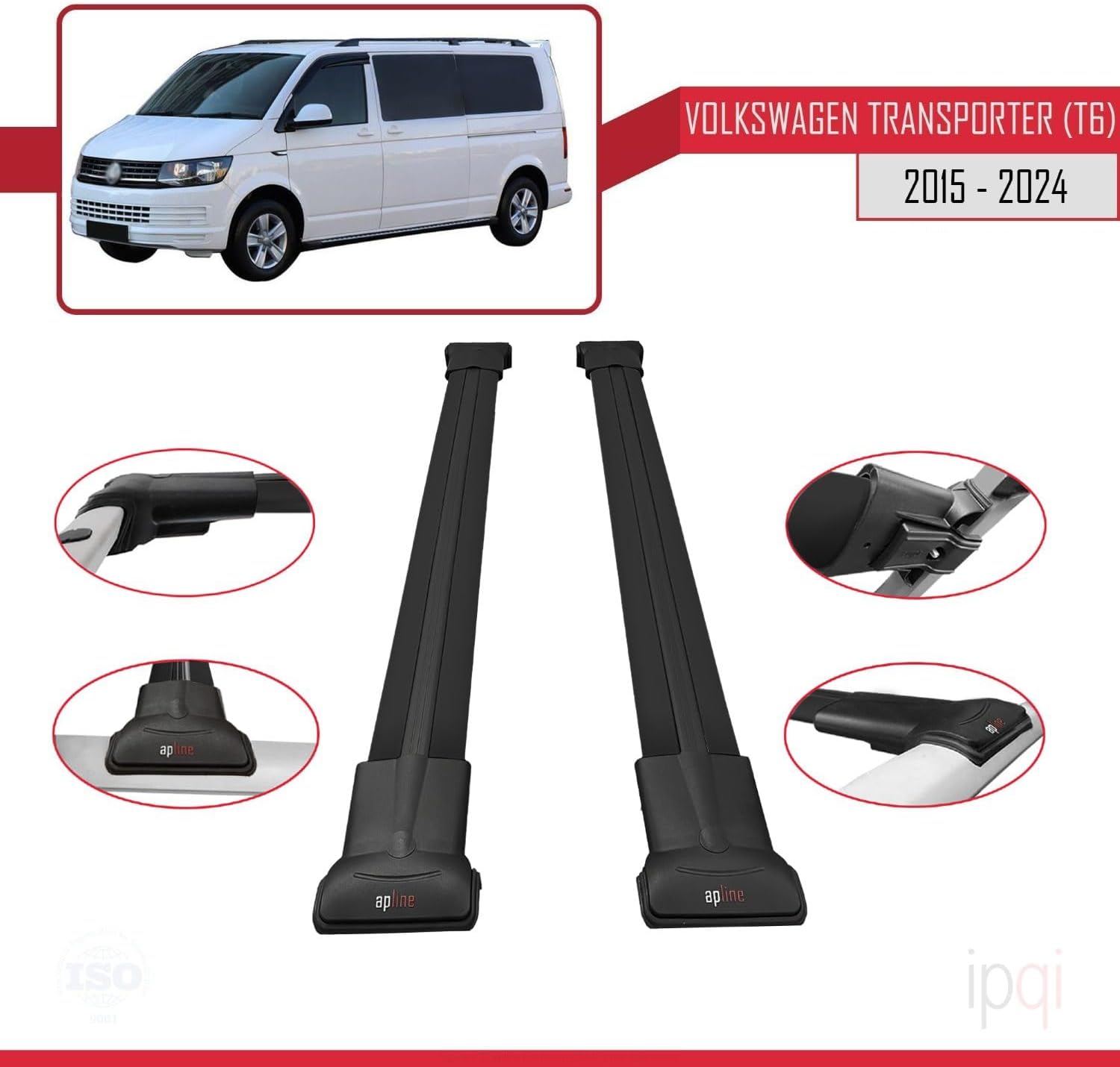 RE&AR Tuning Cross Bar Compatible for VW T6 Transporter 2015-2021 Roof Racks Car Top Luggage Carrier Rails Alu Black
