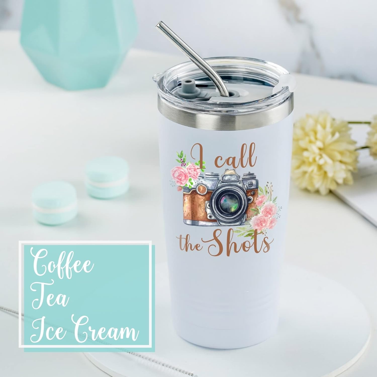 Onebttl Photography Gifts for Photographers for Women, 20oz Stainless Steel Insulated Wine Tumbler Mug with Lid - White - Image 3