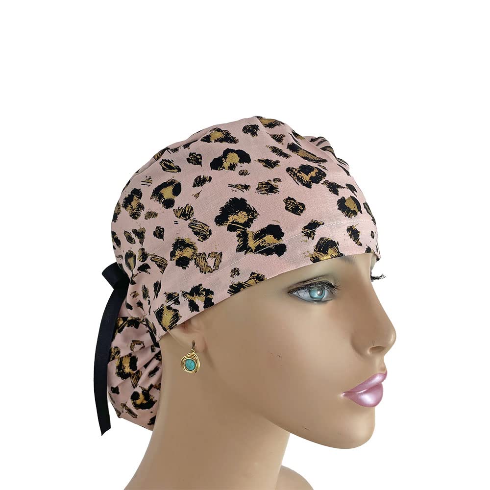 Ponytail Medical Scrub Cap – Gold Leopard On Pink