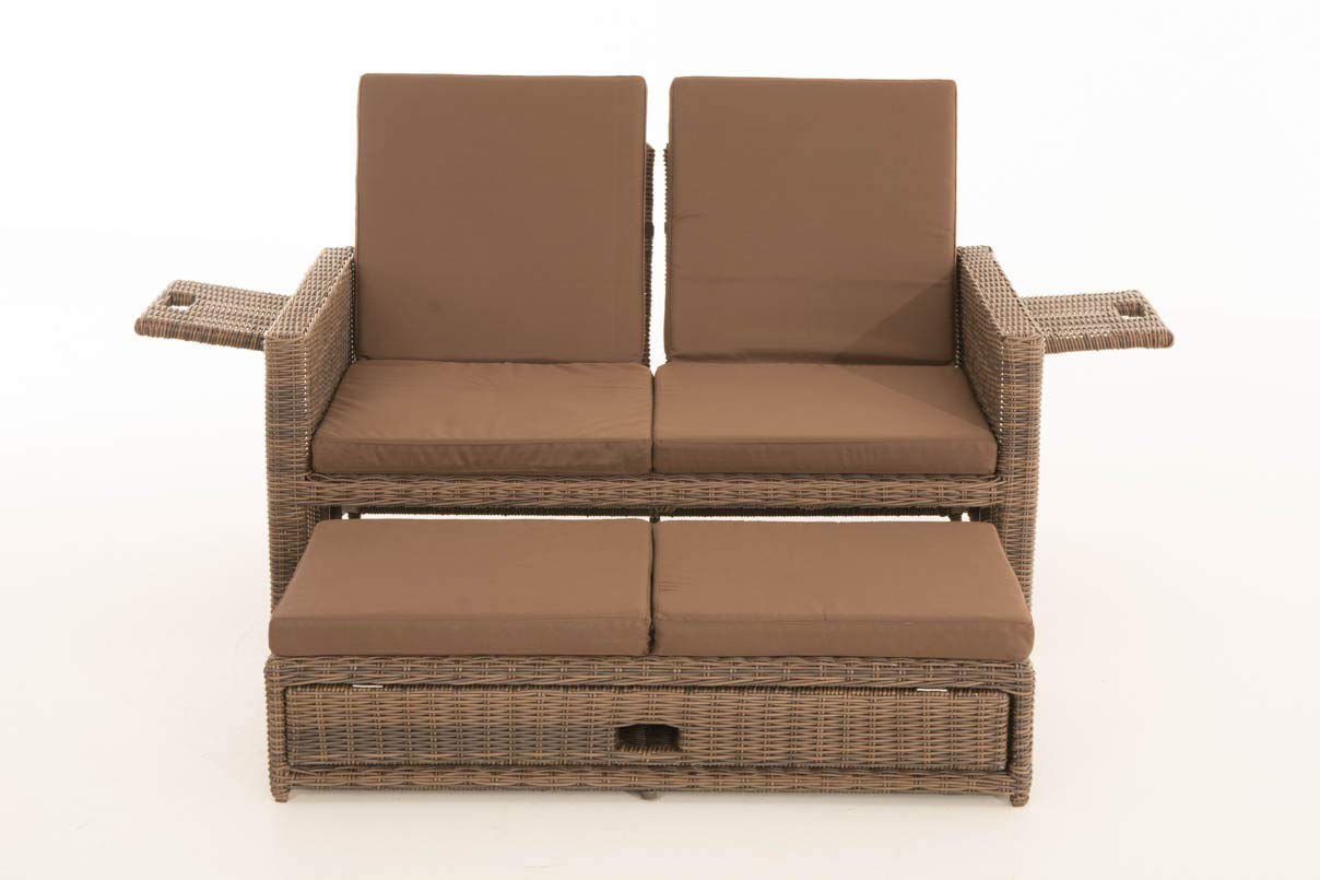 CLP Polyrattan 2er-Loungesofa Ancona 5mm I Rundrattan Garten-Sofa Mit Ausziehbarem Fußteil Und Verstellbarer Rückenlehne I, Farbe:braun-meliert, Polsterfarbe:Terrabraun