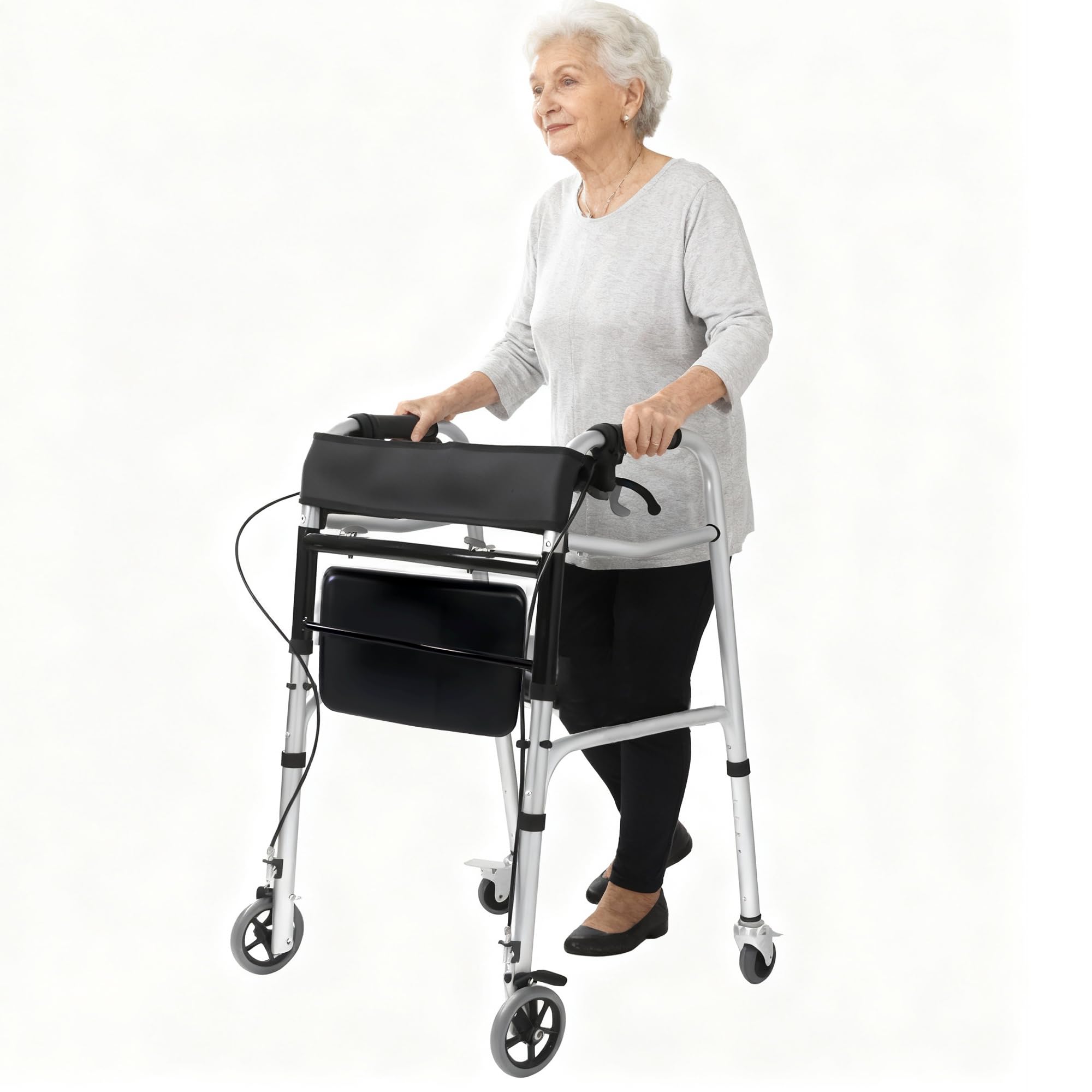 Pacha-steupra Lightweight Walkers for Seniors, Height Adjustable Standard Walker, Foldable Rolling Adult Walker, Medical Walking Mobility Aid with Wheels, Padded Seat, Supports 440 lbs