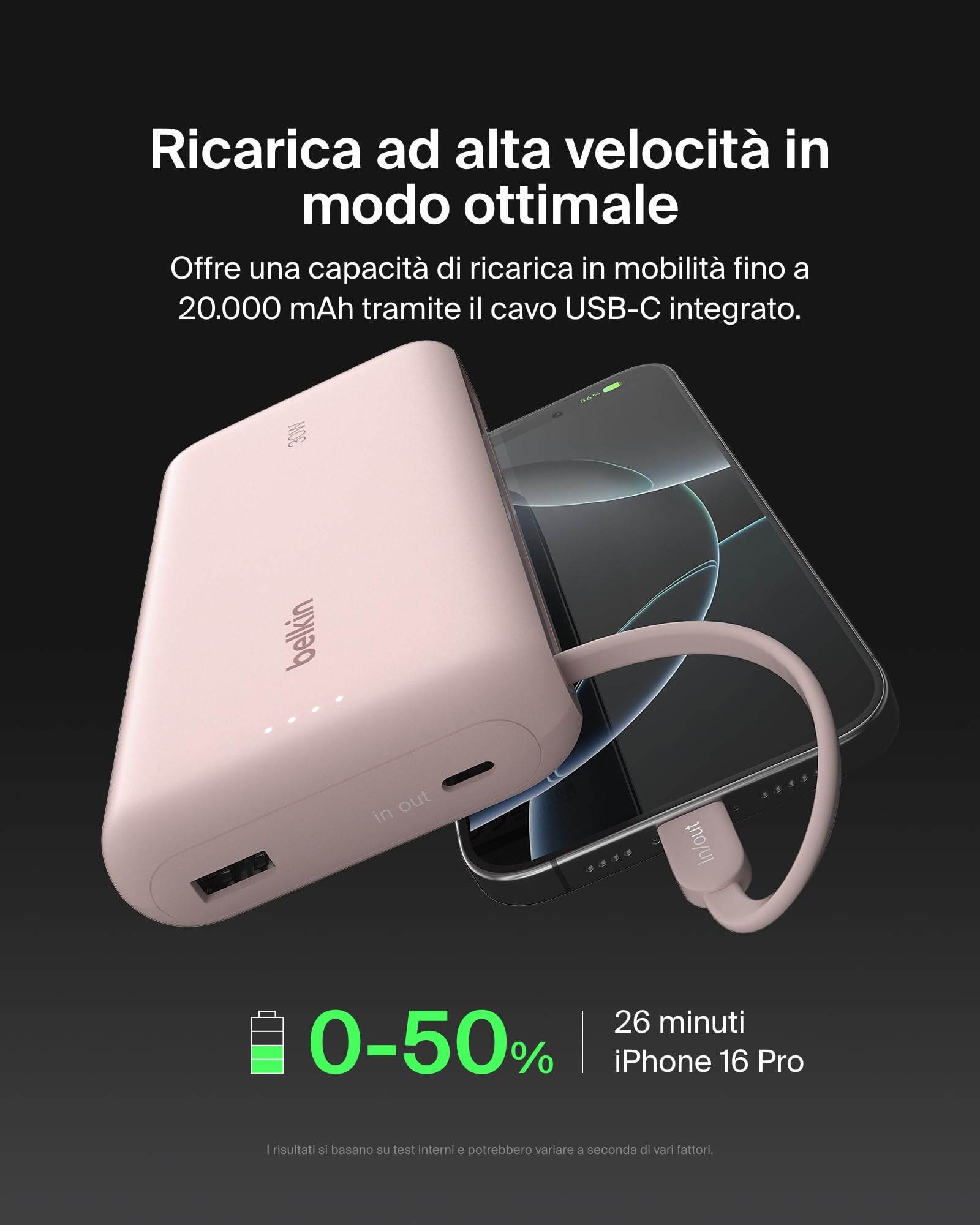 Belkin BoostCharge Power Bank 20000mAh con Cavo USB-C Integrato - Rosa | Caricatore Portatile 20000mAh, Ricarica 3 Dispositivi (1 USB-C, Cavo USB-C, USB-A), 30W, Sicuro per l'Aereo, Pre-Caricato