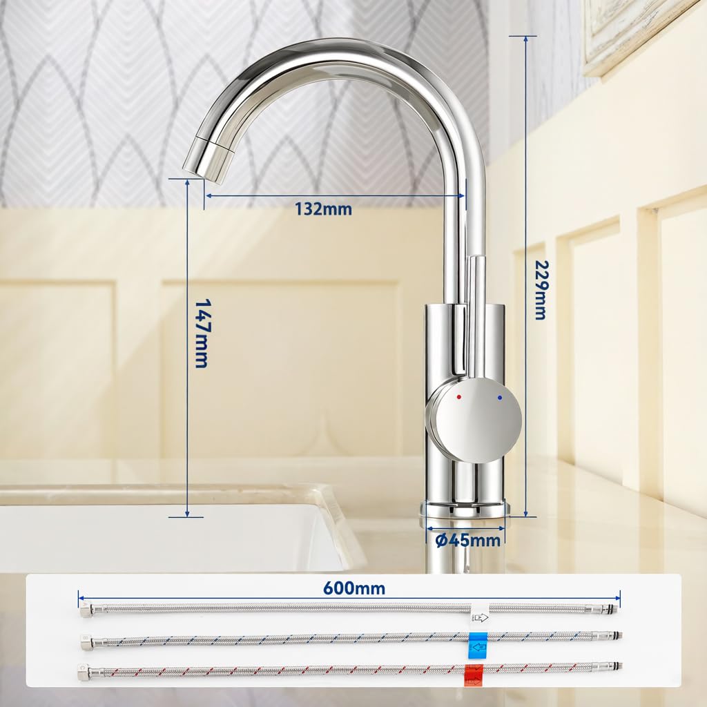 Auralum Niederdruck Armatur Bad Wasserhahn mit 3 Anschlüssen für Boiler | Waschtischarmatur hoch, 360° Schwenkbar, Strahlregler abnehmbar, Auslaufhöhe 147 mm, für drucklose Warmwasserspeicher, Chrom