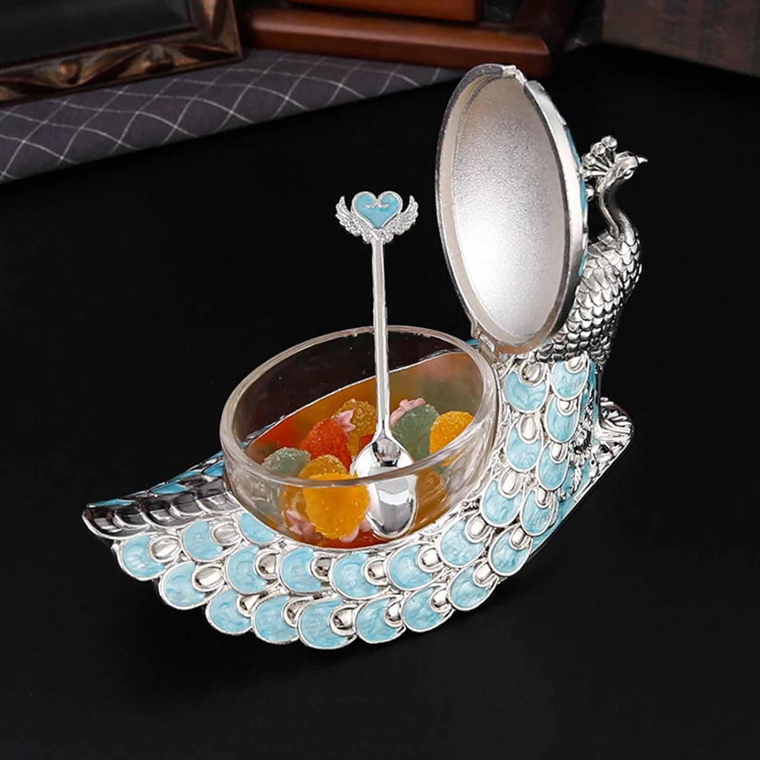 Sugar Bowl with Lid and Spoon Peacock Shaped Vintage Exquisite Embossed Sugar Container for Home Kitchen Coffee Bar Accessories
