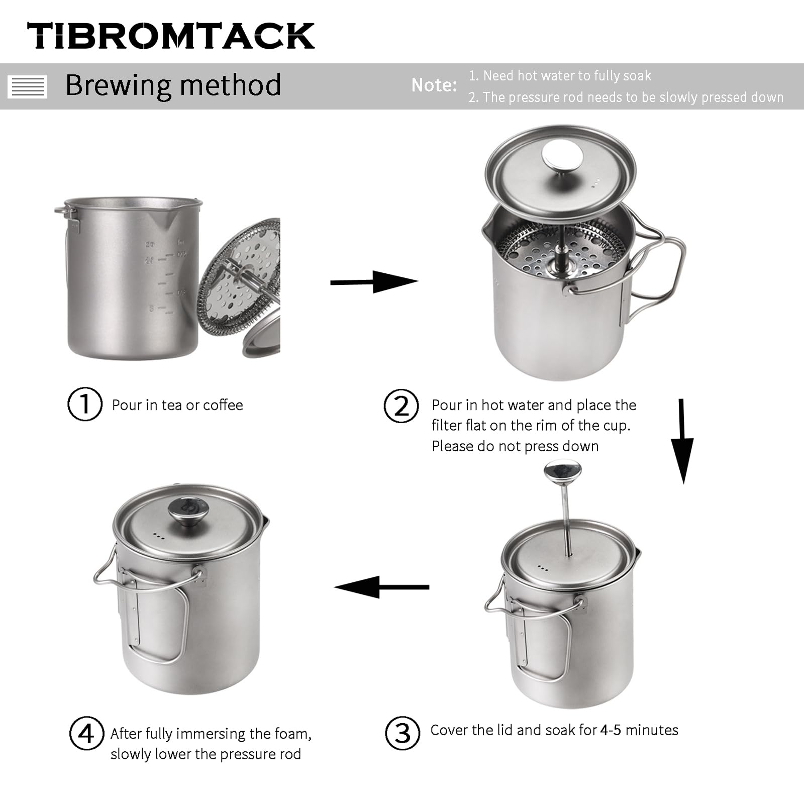 Cafetière à piston française en titane, 205 g, légère GR1 en titane pur, portable, pour camping, voyage, filtre réutilisable pour l'extérieur, thé et boissons chaudes, passe au lave-vaisselle