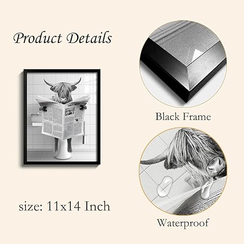 Miniatura 7 de Decoración enmarcada para baño, arte de pared de vaca de las tierras altas en marco de fotos, divertidos letreros artísticos para pared de baño,
