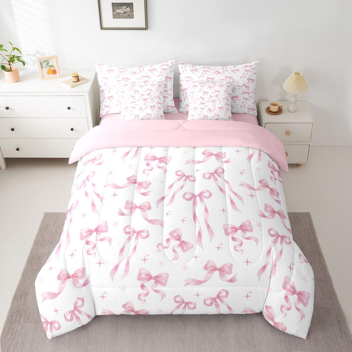 Erosebridal Pink Bows 7 Piece Bedding Set Twin Coquette Bows Comforter Set with Sheets Girly Cute Bow Bed in A Bag Dreamy Princess Style Bed Sets with 2 Pillowcases, 2 Throw Pillow Covers,