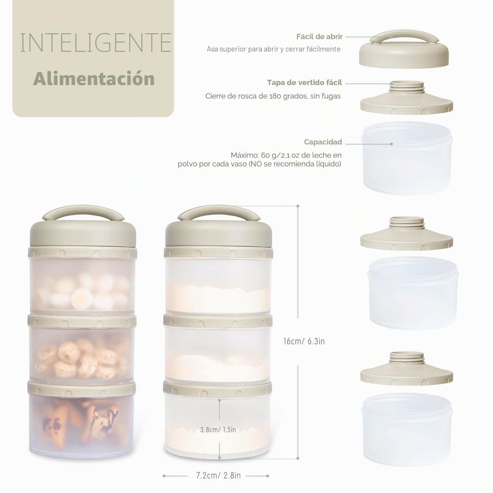 Termichy Apilable Dispensador Leche en Polvo Bebé y Cereales, 2 Paquetes (gris cálido)