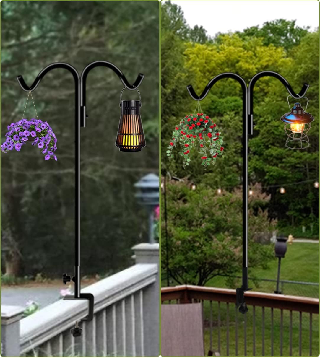 Koutemie 40 Inch Tall Double Deck Hook for Railing, Adjustable Outdoor Shepherds Hook with 2-Inch Strengthened Clamp for Hanging Plant Bird Feeder, 2 Pack