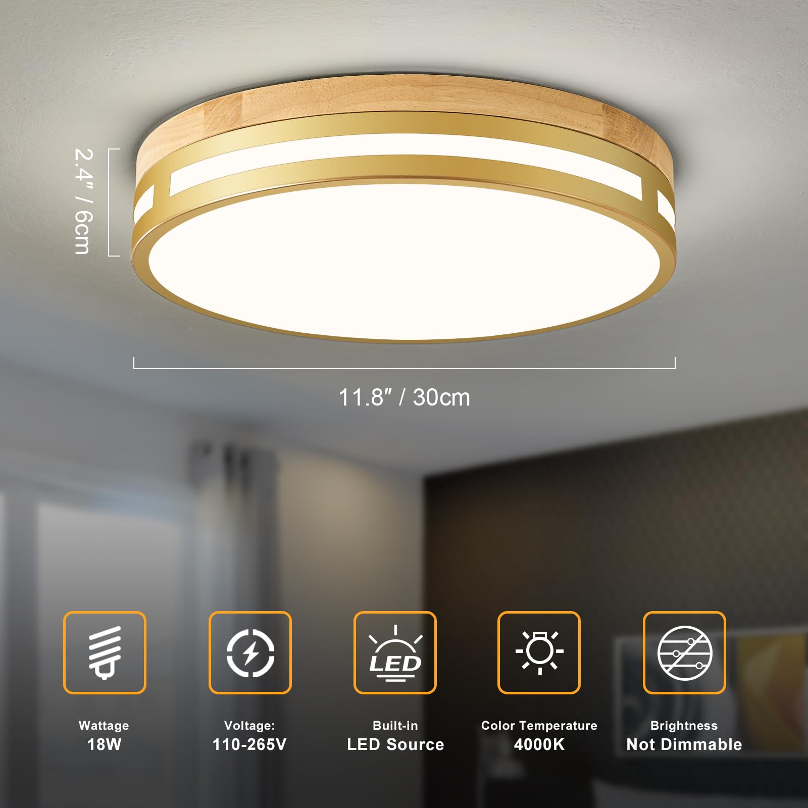 ONESMING Modern Wood Ceiling Light Fxiture, Gold LED Flush Mount