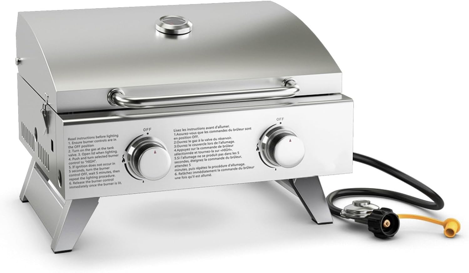 Giantex Portable Gas Grill with 2 Burner, Max. 20,000 BTU total, Folding Legs, Built-in Thermometer, Travel Locks, Stainless Steel Tabletop Propane Gas Grill for Camping Picnic Cookout RV BBQ