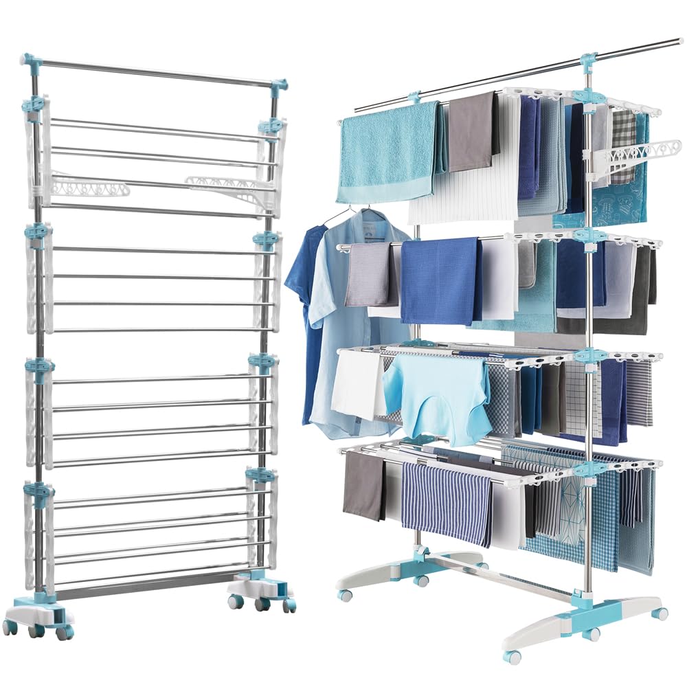 FACILITYS - Étendoir Linge Intérieur - Séchoir à Linge Pliable, 172 x 67 x 168 cm, Étendage 30 m - Pieds Rabattables à 6 roulettes - Étendoir à Linge en Acier Inoxydable - Format Familial