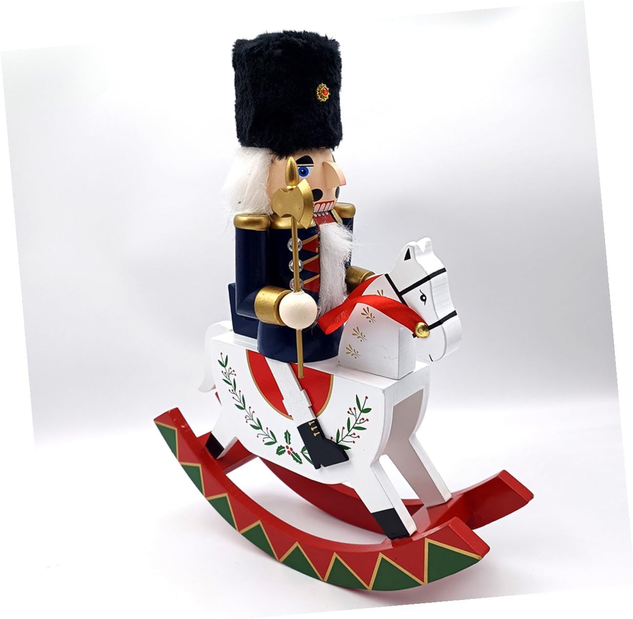 Wooden Christmas Nutcracker Figurine Rocking Horse Tabletop Ornament Hand-Painted Decorative Nutcracker for Holiday