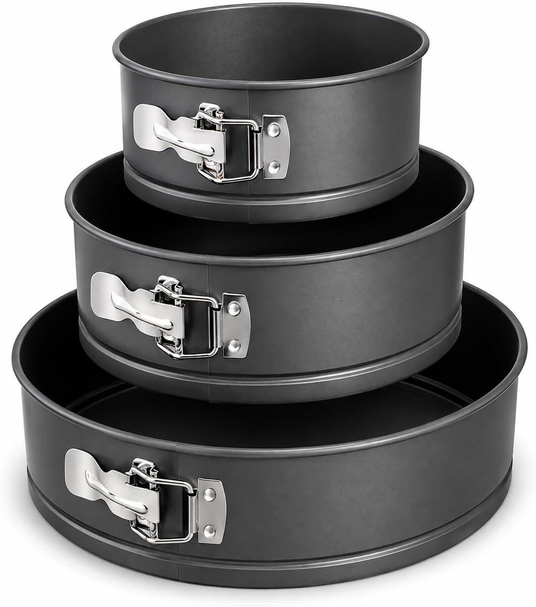 Xacton Round Cake Baking Pan - Set of 3 | Non-Stick Springform Cake Mould with Removable Base & Adjustable Locking Buckle | Tin for Cheesecake, Mousse, Pastry & Homemade Desserts (7-8-9 Inch)